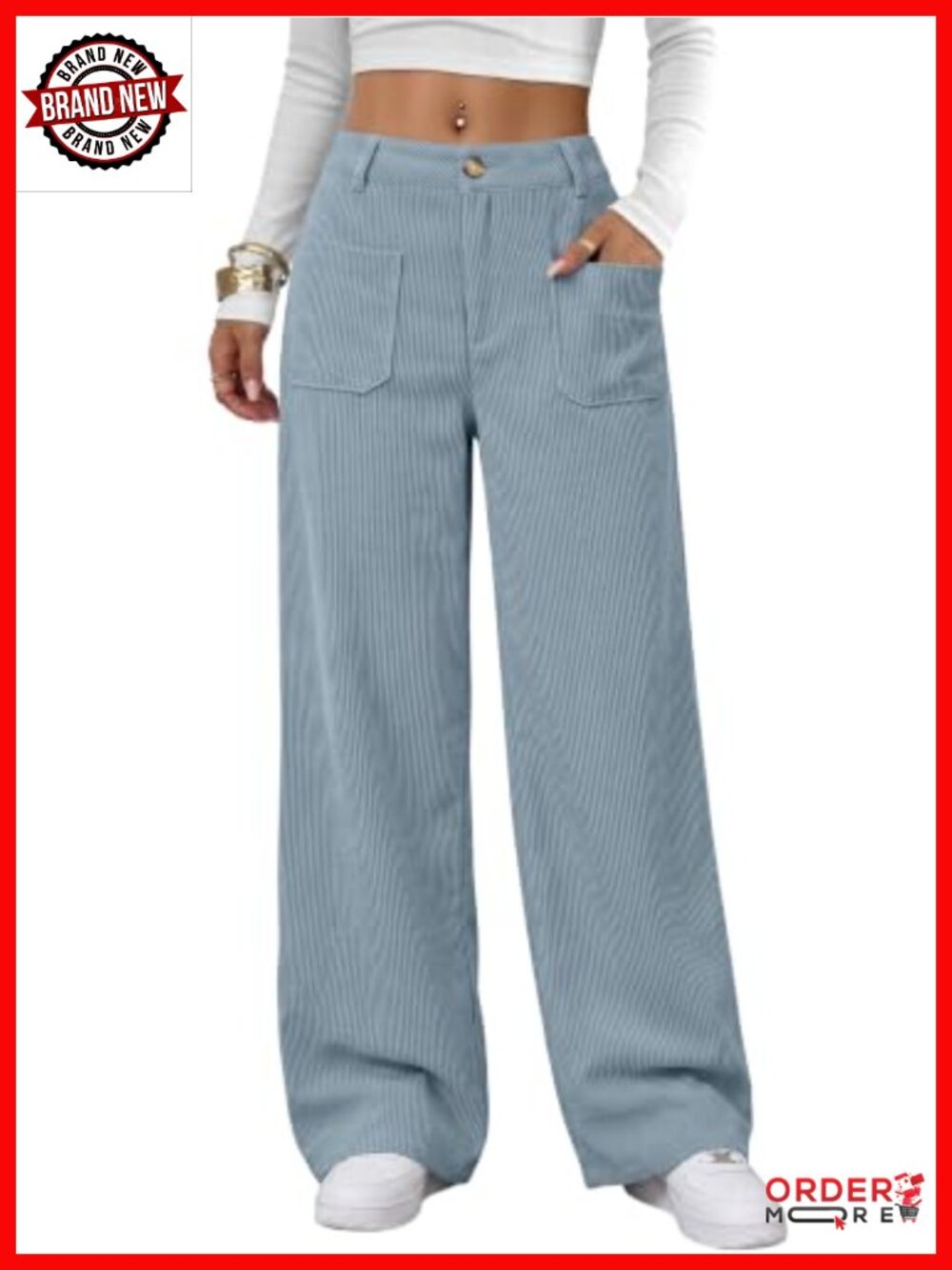 High Waisted Wide Leg Corduroy Pants Button Zip Casual Trousers